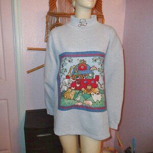 Vtg Noah's Ark Sweatshirt Size XL Rainbow Embroidered Elephant Turtleneck USA